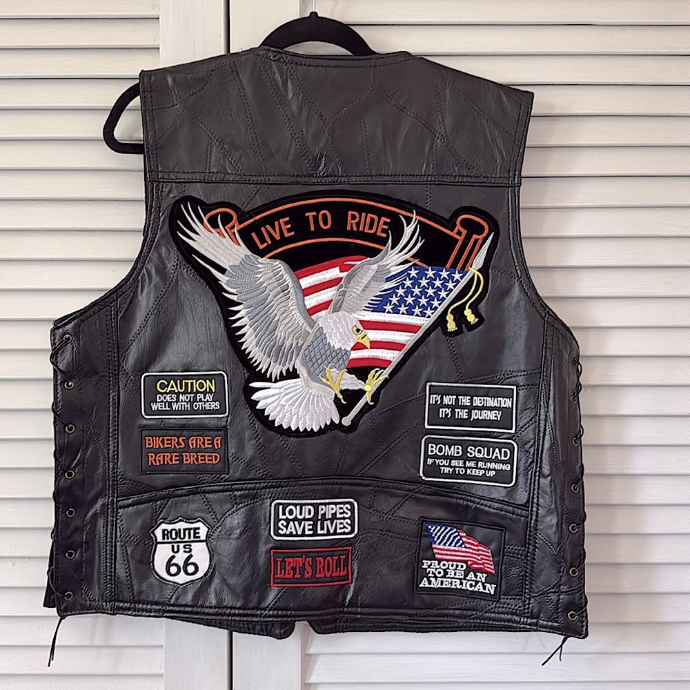 Black Leather Biker Vest with Patches XL